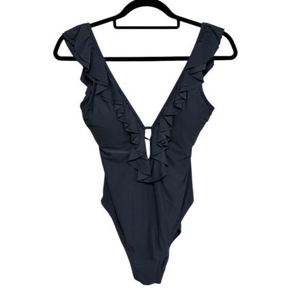 Michael Michael Kors Ruffled Scoop-Back One-Piece Swimsuit in Dark Gray - Size 6 - Picture 1 of 7